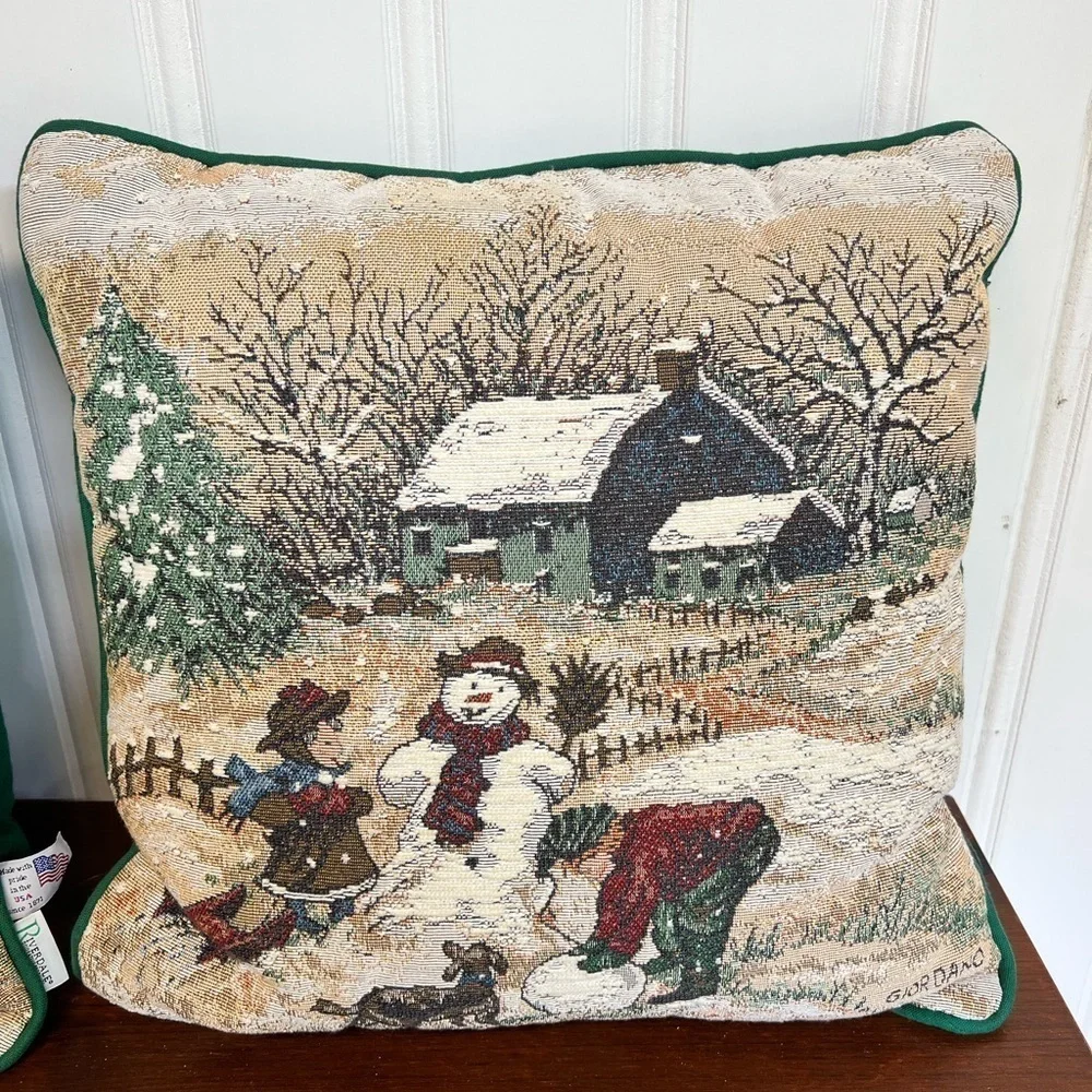 Riverdale Made In USA Cream and Green Holiday Pillows with Snowy Scene